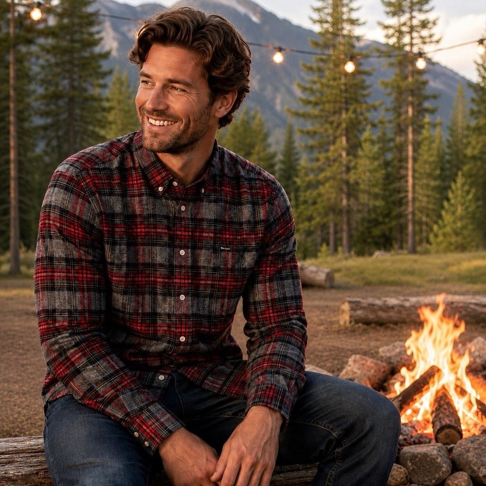Barbour Mens Tailored Fit Plaid Flannel Shirt Red Gray Tartan Button Down Large
